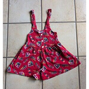 Vintage Girls 90s Sz 10/12 Red Print Sleeveless Romper Overalls Shorts Tropical